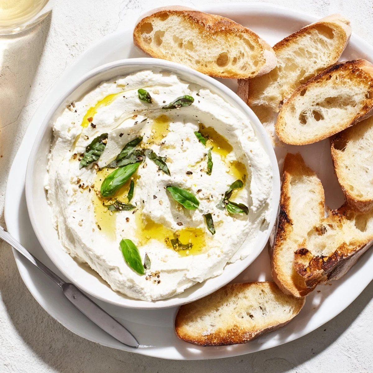 Light and fluffy whipped ricotta spread garnished with lemon zest and olive oil for dipping