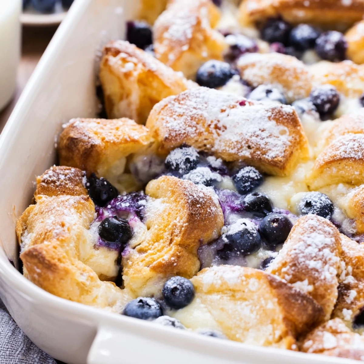 Golden baked blueberry cream cheese croissant casserole with powdered sugar dusting on top