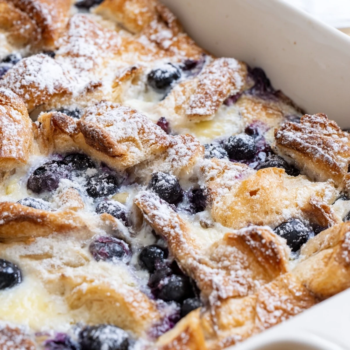 Buttery croissant pieces baked in creamy custard with juicy blueberries throughout