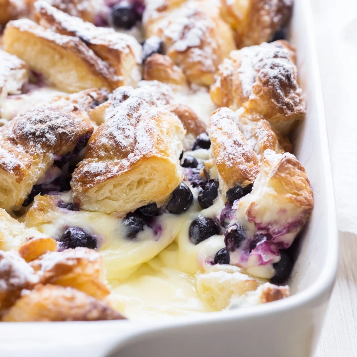 Warm breakfast casserole featuring cream cheese soaked croissants and fresh blueberry layers