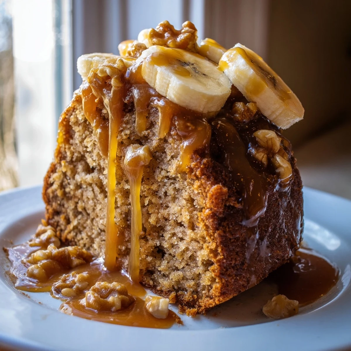 Golden brown salted caramel brown butter banana cake drizzled with glossy amber caramel sauce
