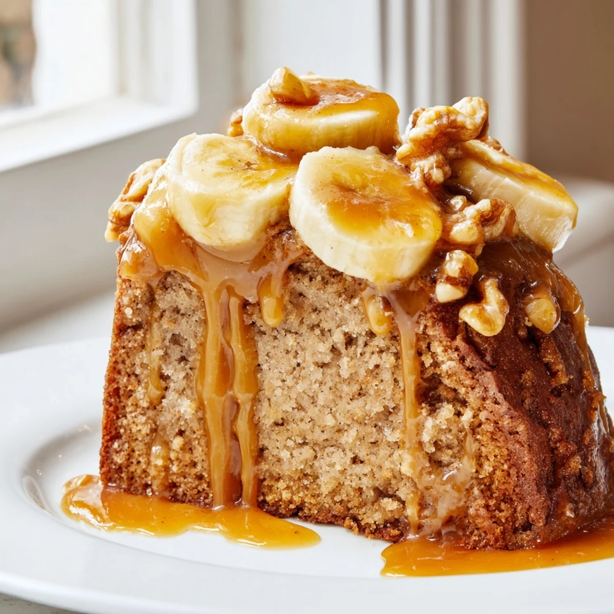 Homemade salted caramel brown butter banana cake served with vanilla ice cream and extra caramel glaze