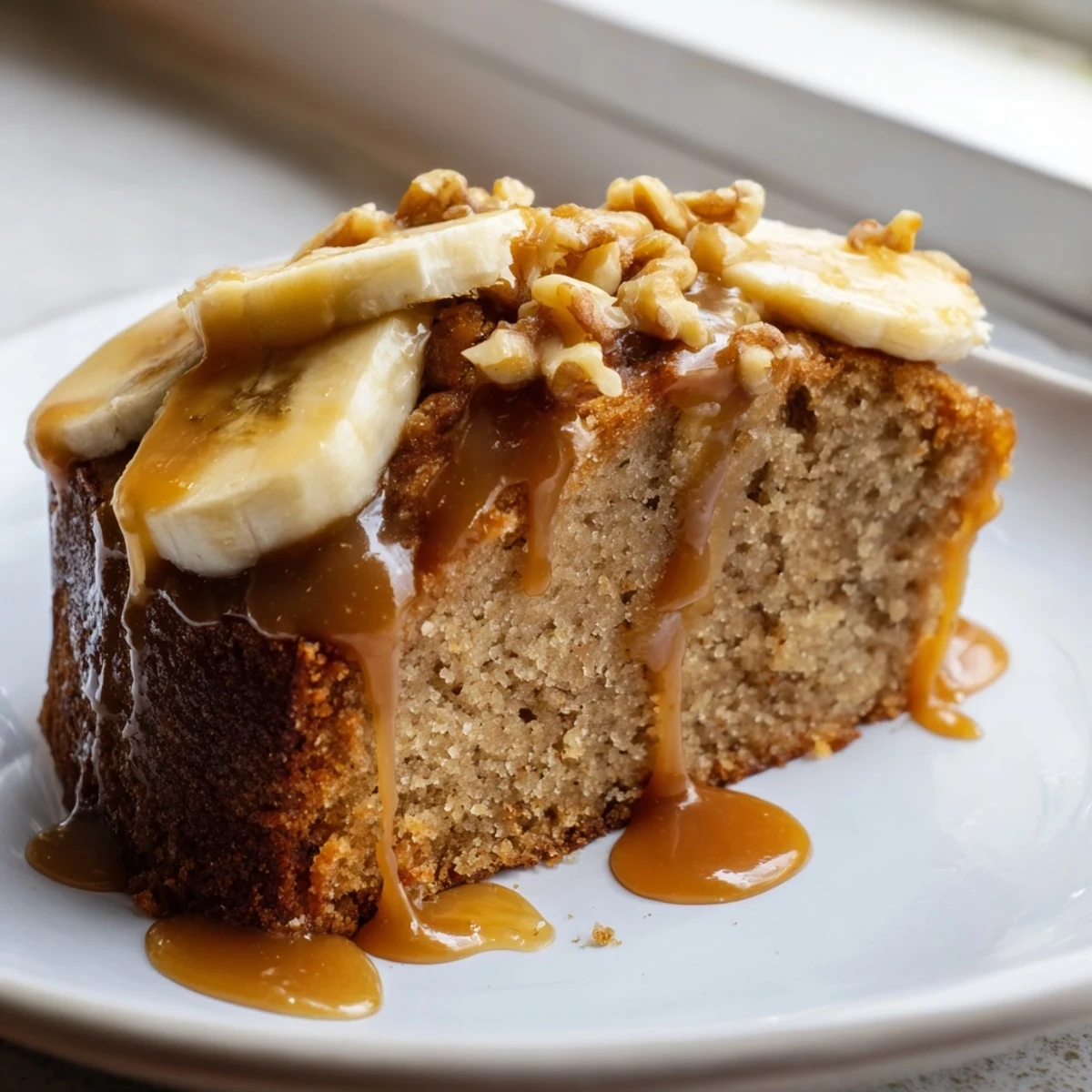Slice of moist salted caramel brown butter banana cake topped with flaky sea salt and banana rounds