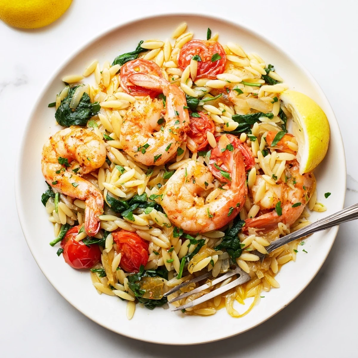 One-pan Mediterranean shrimp orzo featuring tender pasta, bright herbs, and cherry tomatoes