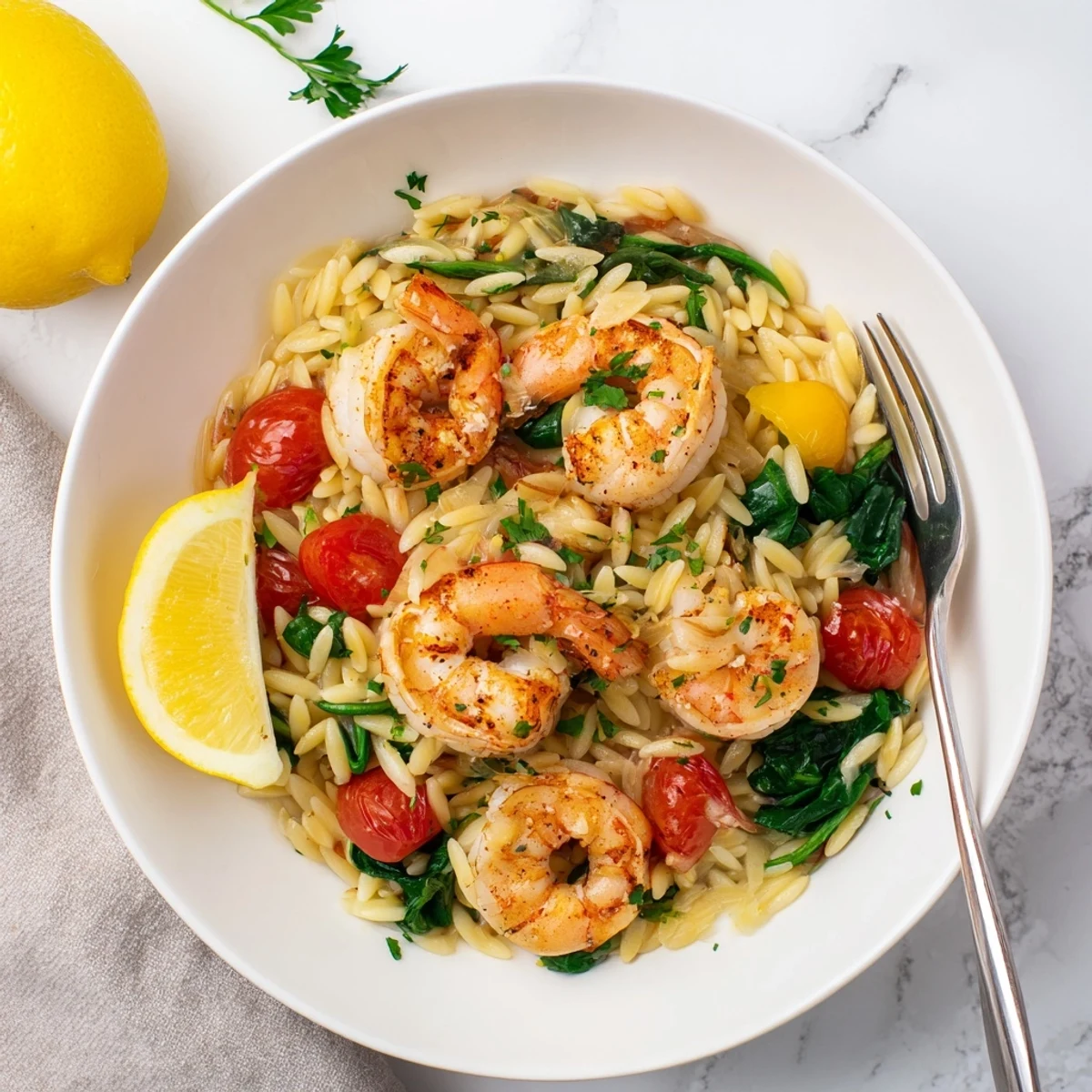 Golden shrimp and lemon orzo skillet garnished with fresh parsley and lemon wedges