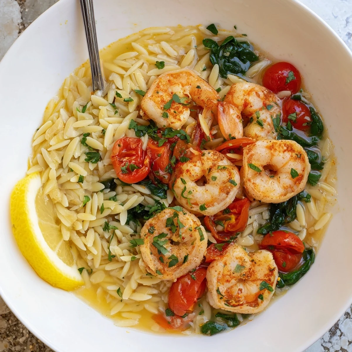 Creamy lemon garlic shrimp orzo dish served in a skillet with fresh greens