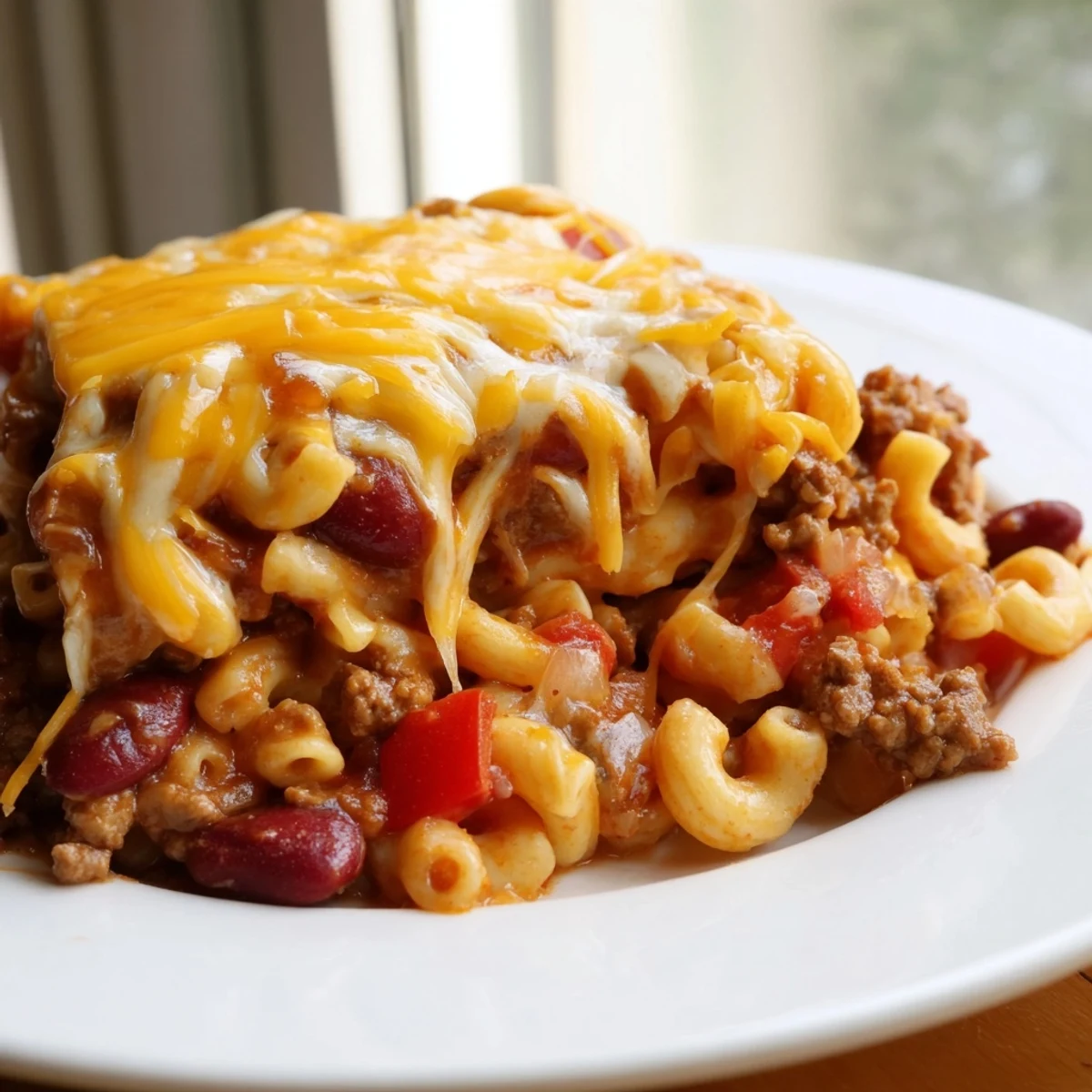Bubbling pot of chili mac and cheese loaded with ground beef, kidney beans, and melted cheddar