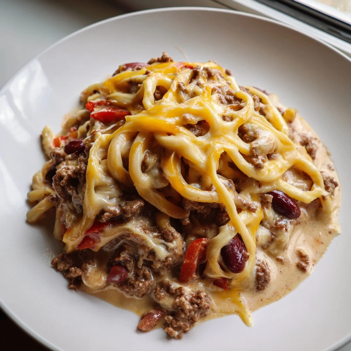 Creamy one-pot chili mac and cheese recipe showcasing tender elbow macaroni in spiced beef tomato sauce