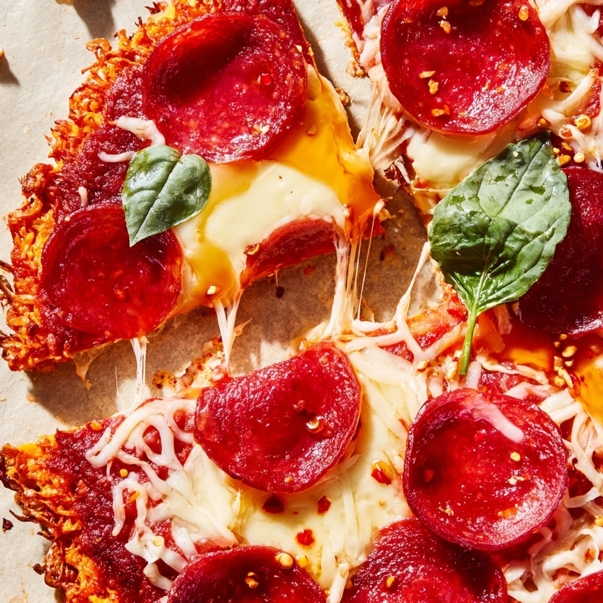 Golden pepperoni hot honey pizza with sweet potato crust drizzled with spicy honey