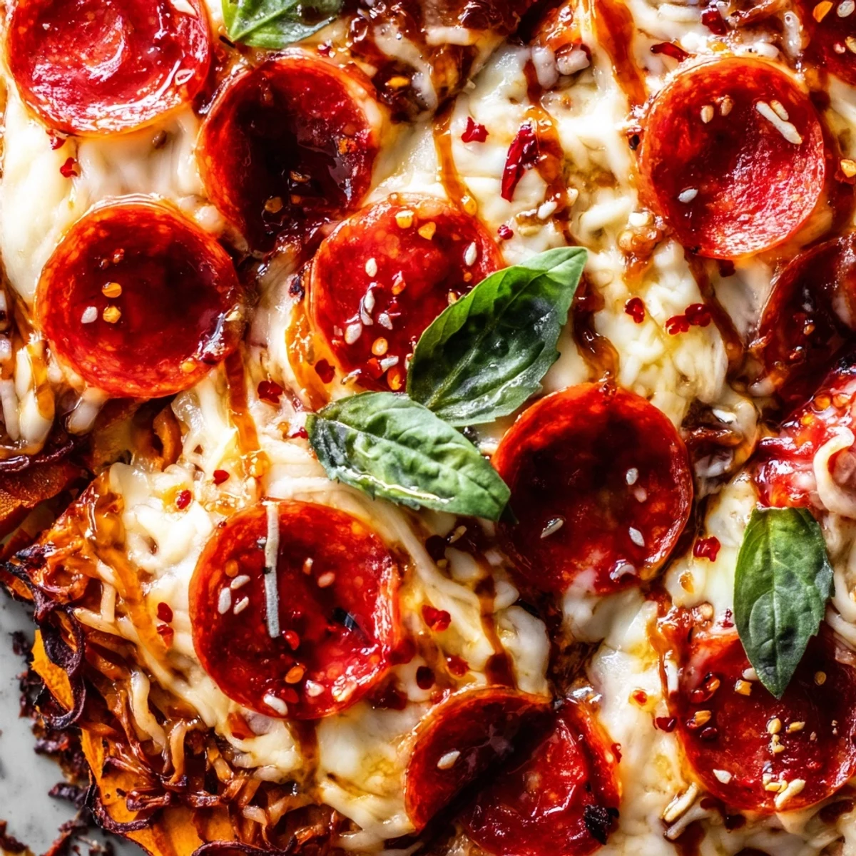 Gluten-free sweet potato crust pizza topped with bubbly mozzarella crispy pepperoni and hot honey