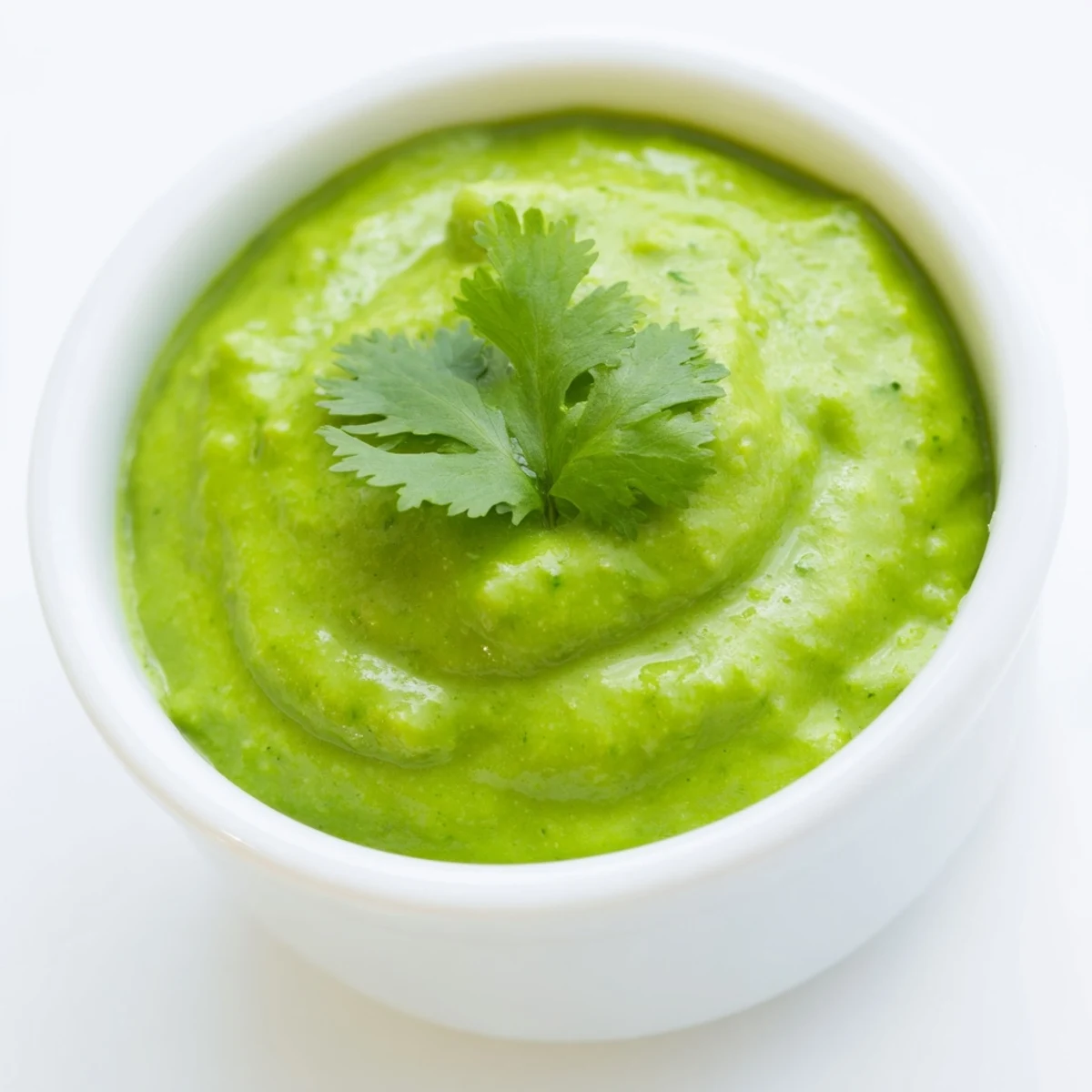 Vibrant bowl of spicy Peruvian green sauce aji verde garnished with cilantro sprigs