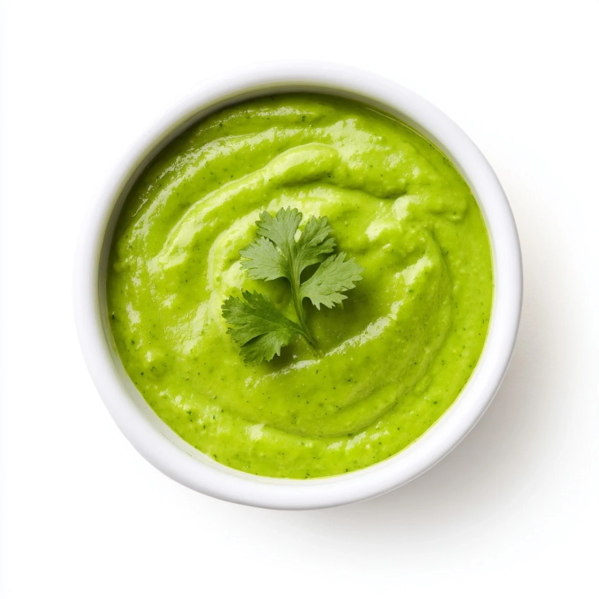 Thick and smooth Peruvian green sauce aji verde served in glass dipping bowl