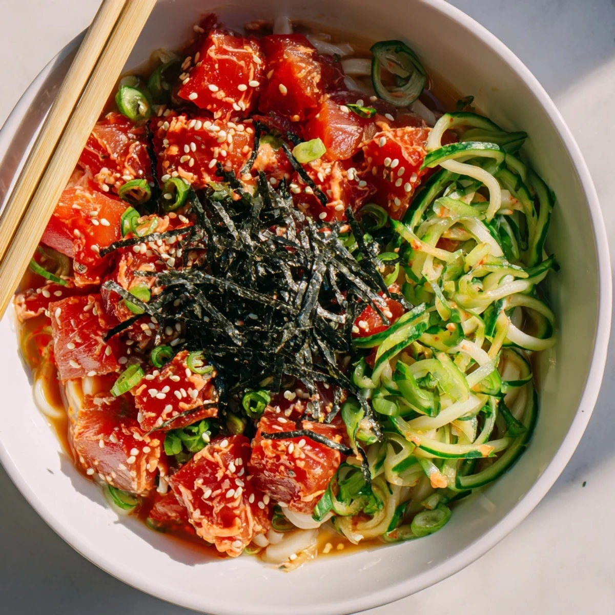 Steaming bowl of spicy tuna udon noodles topped with fresh green onions, cucumber, and sesame seeds