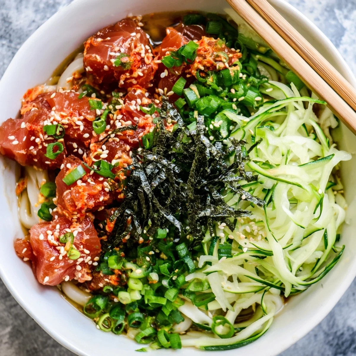 Close up of spicy tuna udon bowl with nori seaweed, julienned cucumber, and toasted sesame garnish