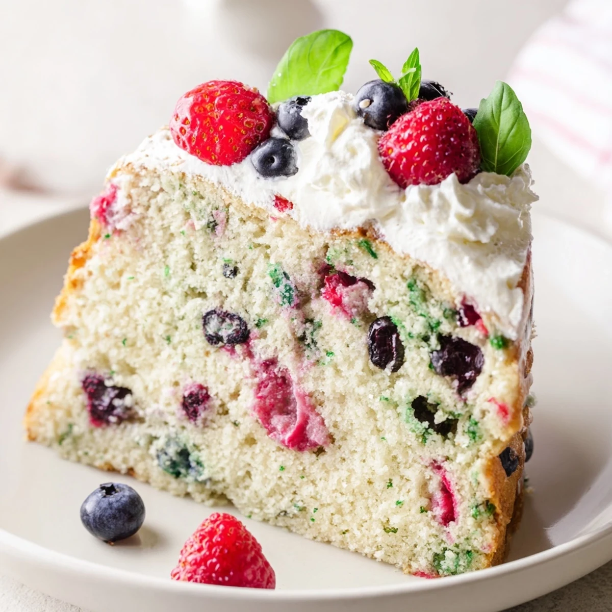 Golden basil berry cake slice topped with fresh mixed berries and whipped cream