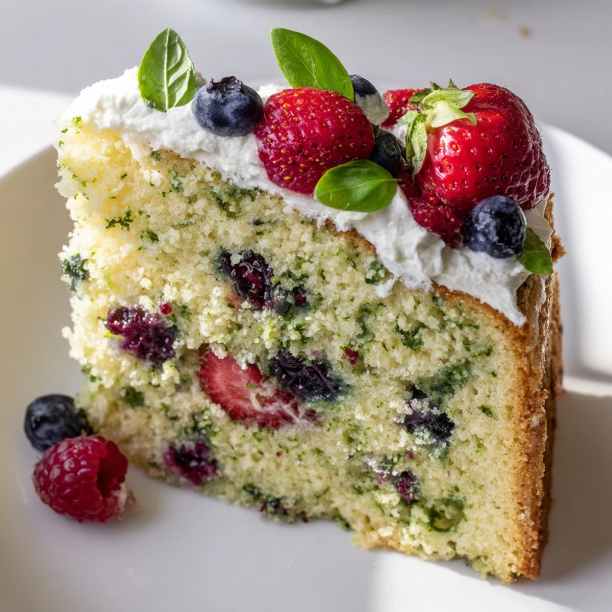 Moist basil berry cake studded with juicy raspberries and blueberries on a white plate