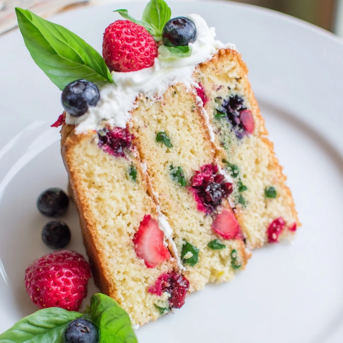 Homemade basil berry cake dessert with fresh basil garnish and summer berry topping