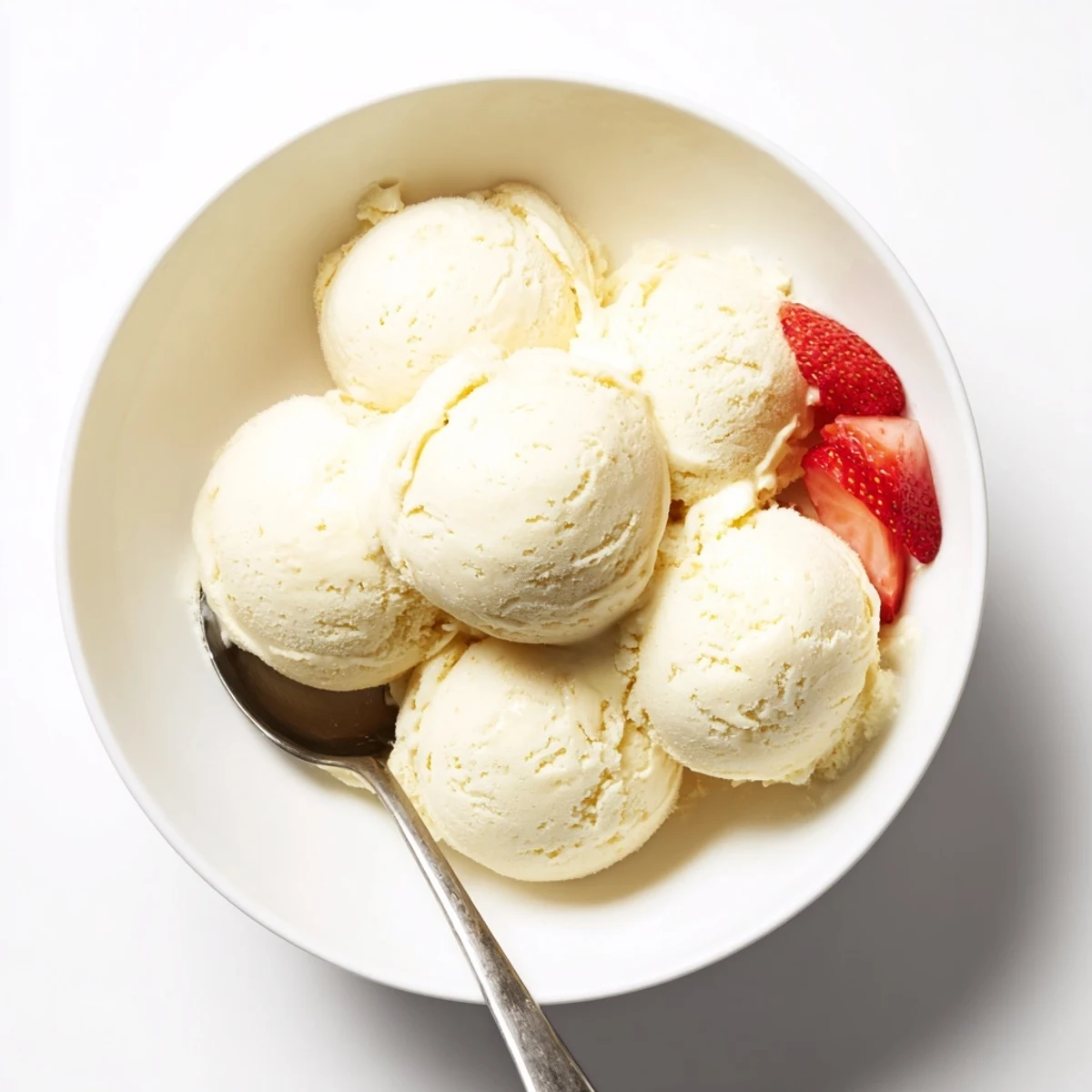 Smooth luscious homemade vanilla ice cream served in a chilled glass with wafer garnish