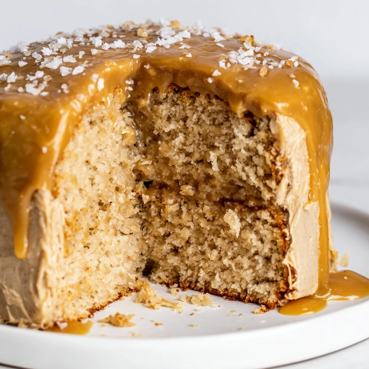Decadent salted caramel brown butter banana cake layered with rich caramel frosting and drizzled with golden sauce