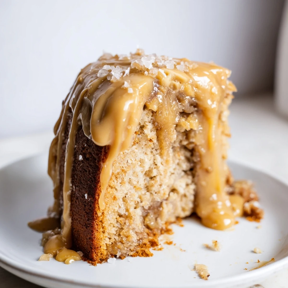 Moist brown butter banana cake topped with luscious salted caramel frosting and finished with flaky sea salt