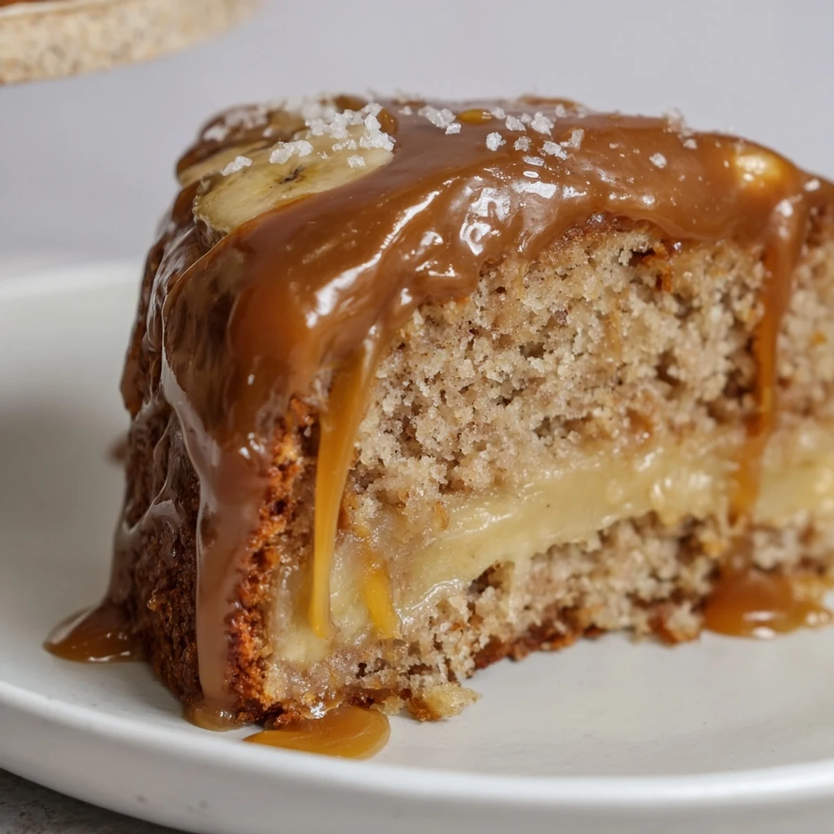 Slice of salted caramel brown butter banana cake showcasing tender crumb and creamy caramel frosting swirls