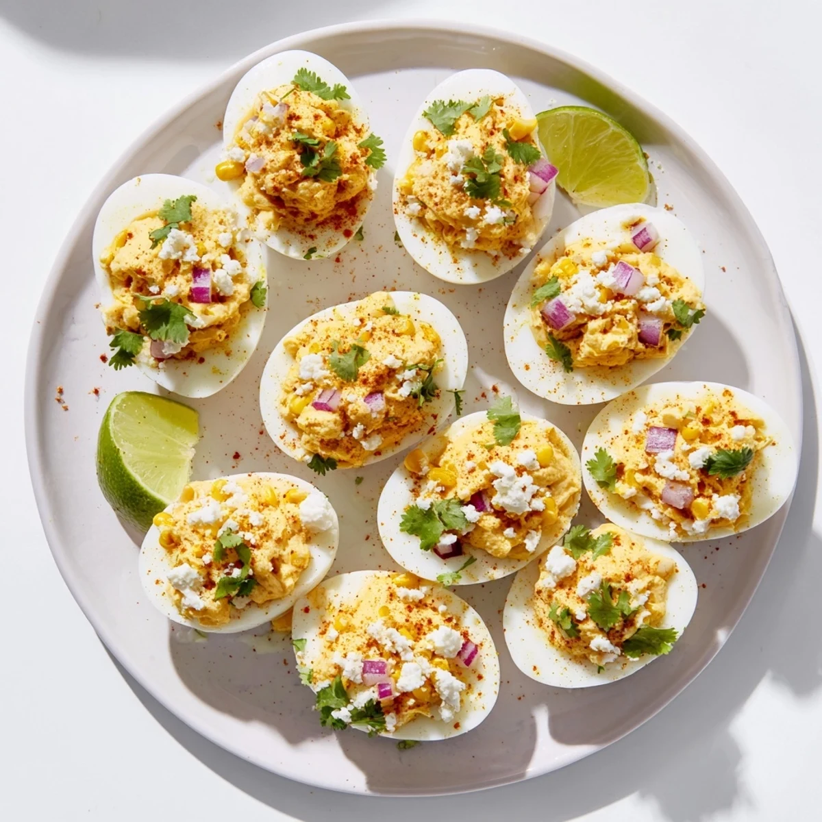 Creamy Mexican street corn deviled eggs garnished with chili powder and zesty lime wedges