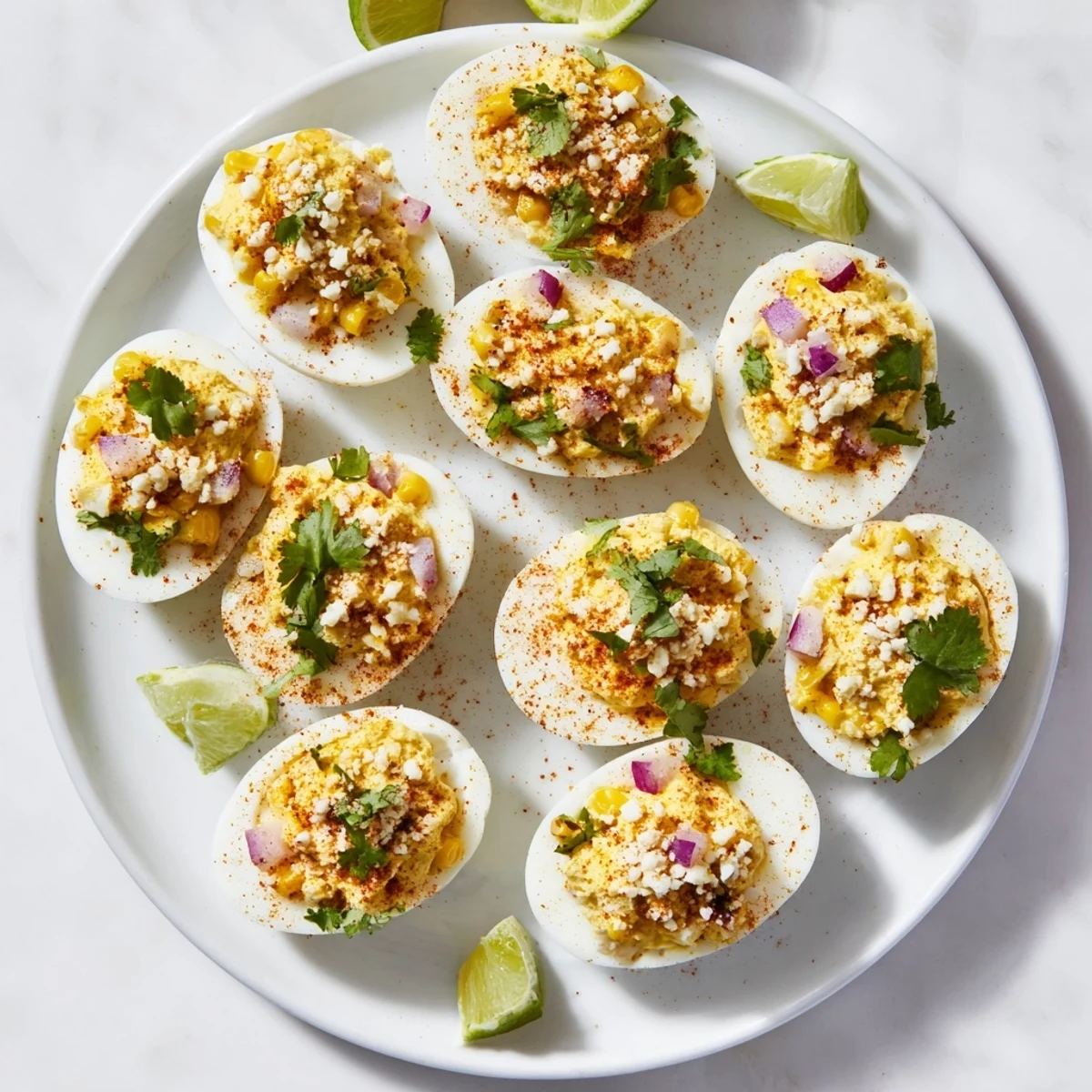 Golden Mexican street corn deviled eggs topped with crumbly cotija cheese and fresh cilantro