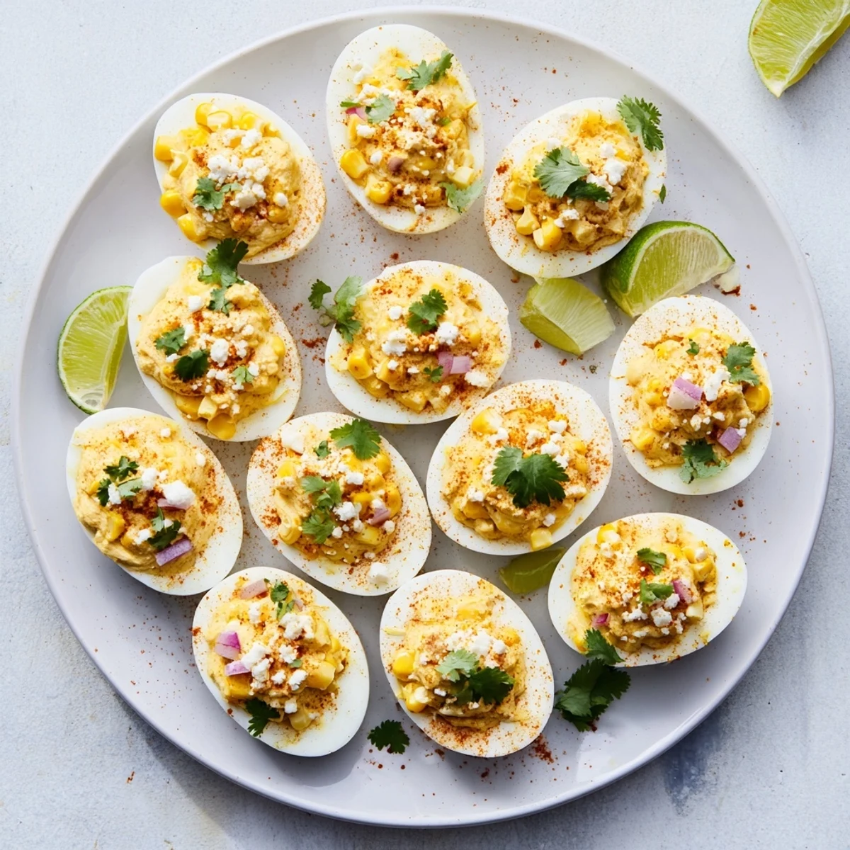 Colorful Mexican street corn deviled eggs sprinkled with Tajín and sweet corn kernels