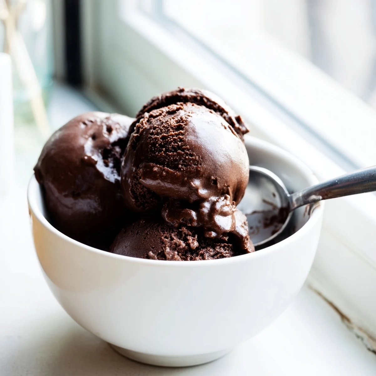 Creamy chocolate sourdough ice cream scooped into a bowl with a velvety smooth texture