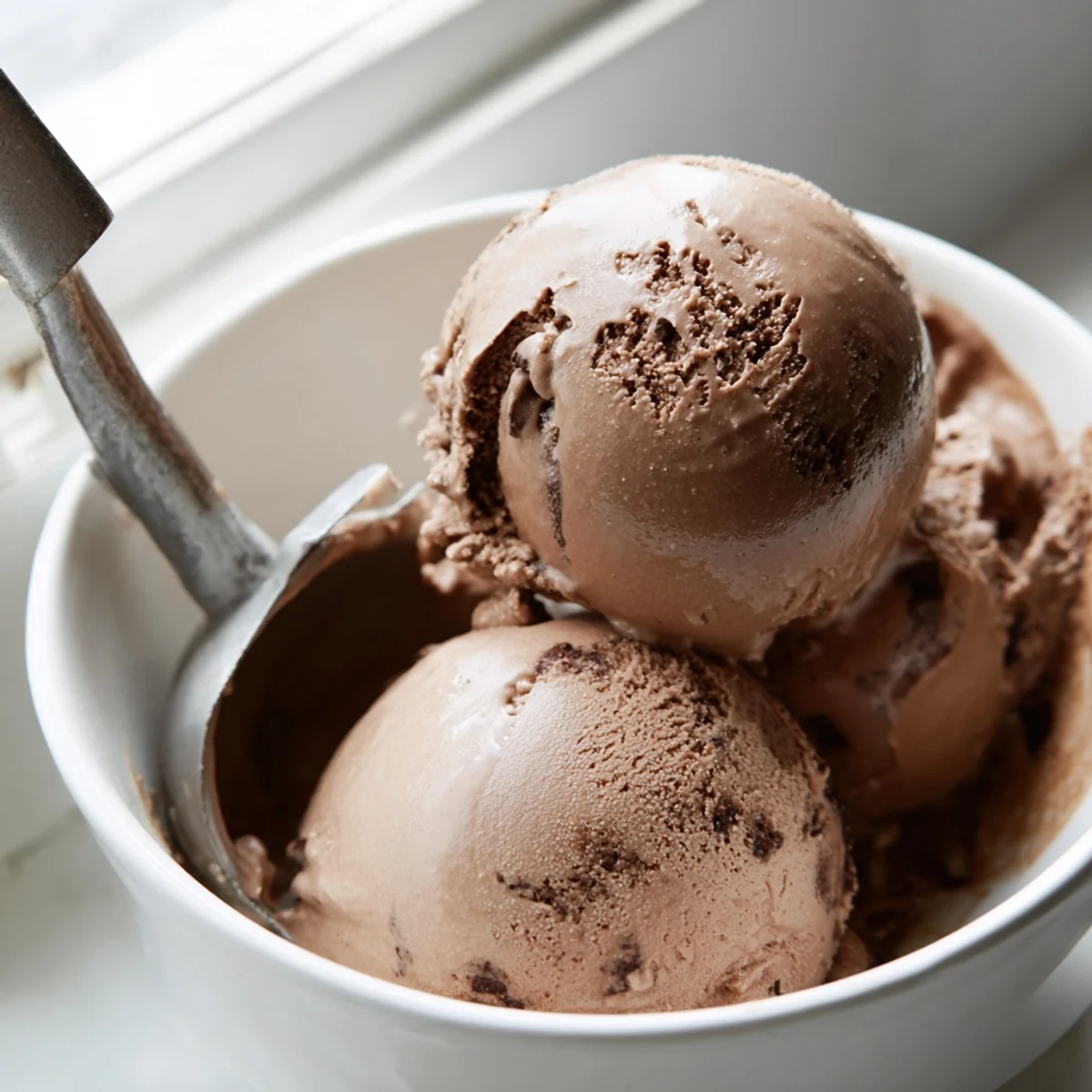 Rich chocolate sourdough ice cream swirls in a glass serving bowl showing its decadent consistency