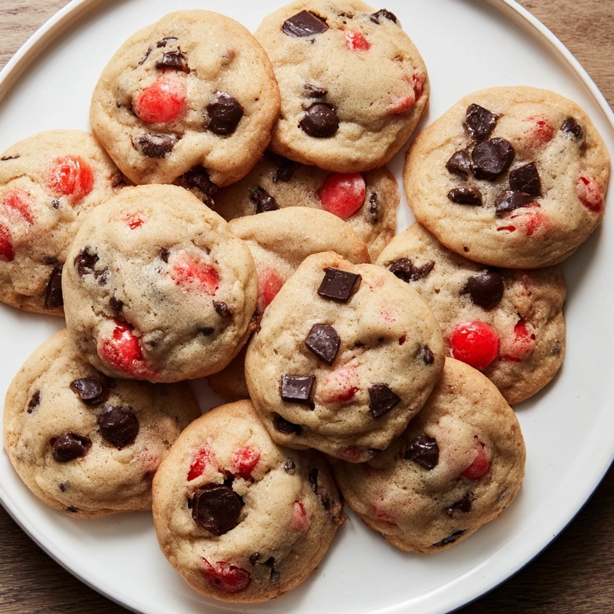 Stack of chewy cherry chocolate chip cookies on a white marble serving board