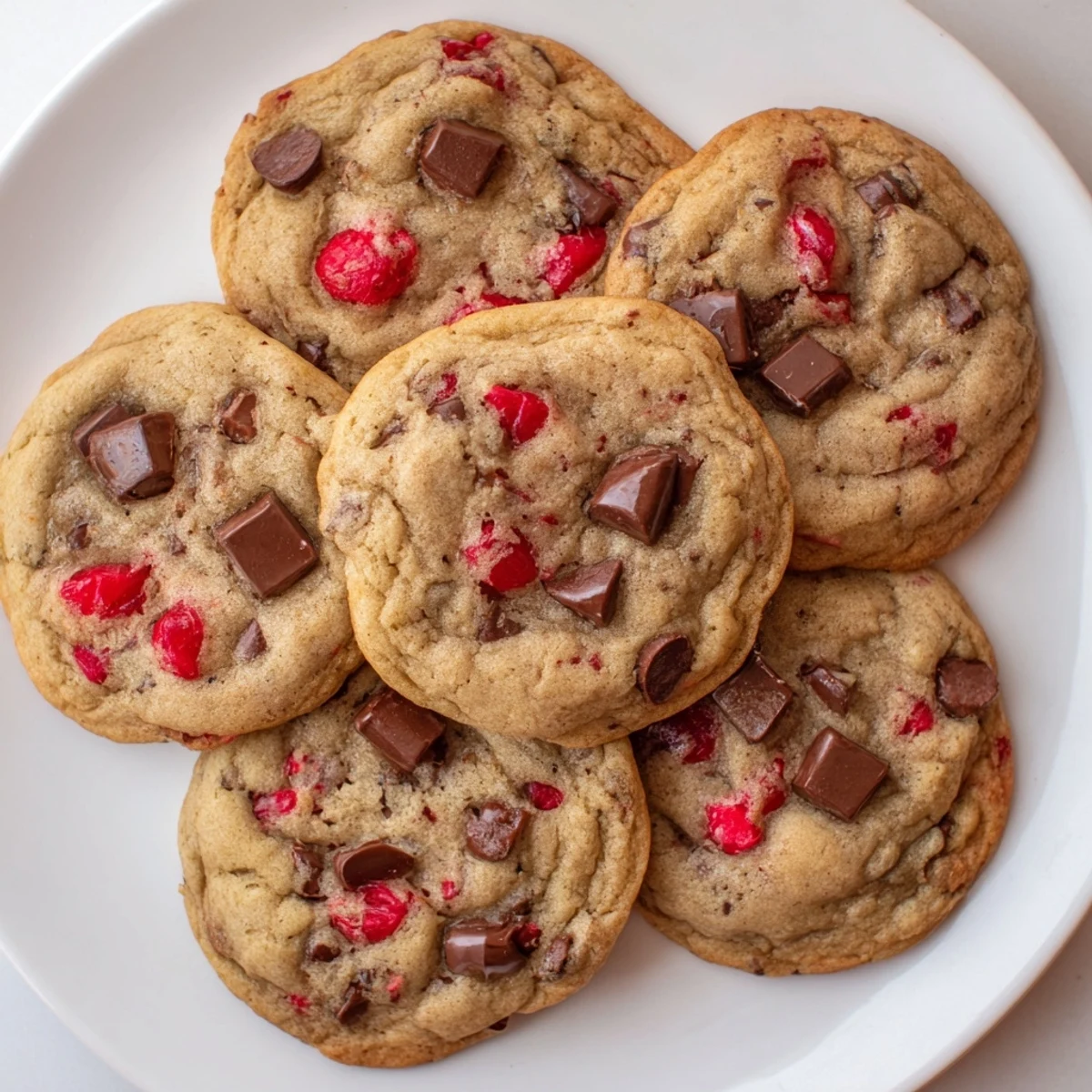 Golden maraschino cherry chocolate chip cookies fresh from the oven with melted chocolate chips