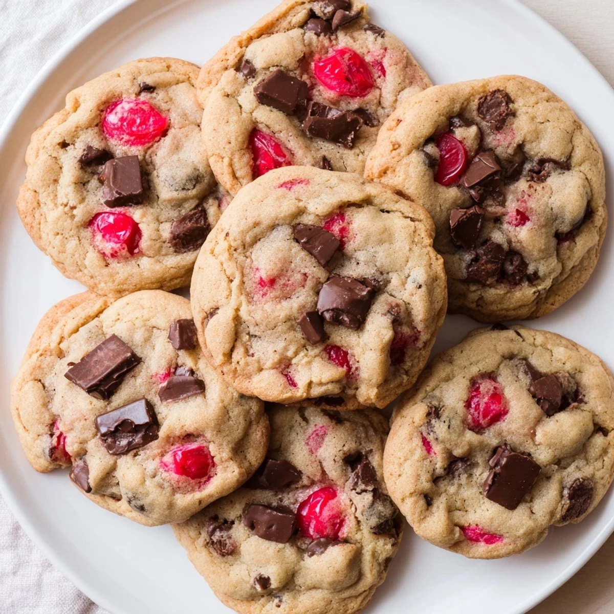 Close-up of maraschino cherry chocolate chip cookies showing bright red cherries and chocolate chunks