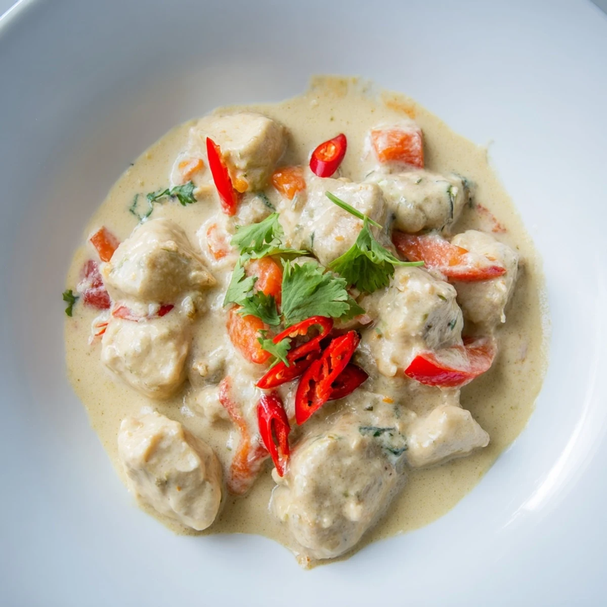 Golden chicken pieces simmered in creamy coconut sauce with red bell peppers and fresh cilantro garnish
