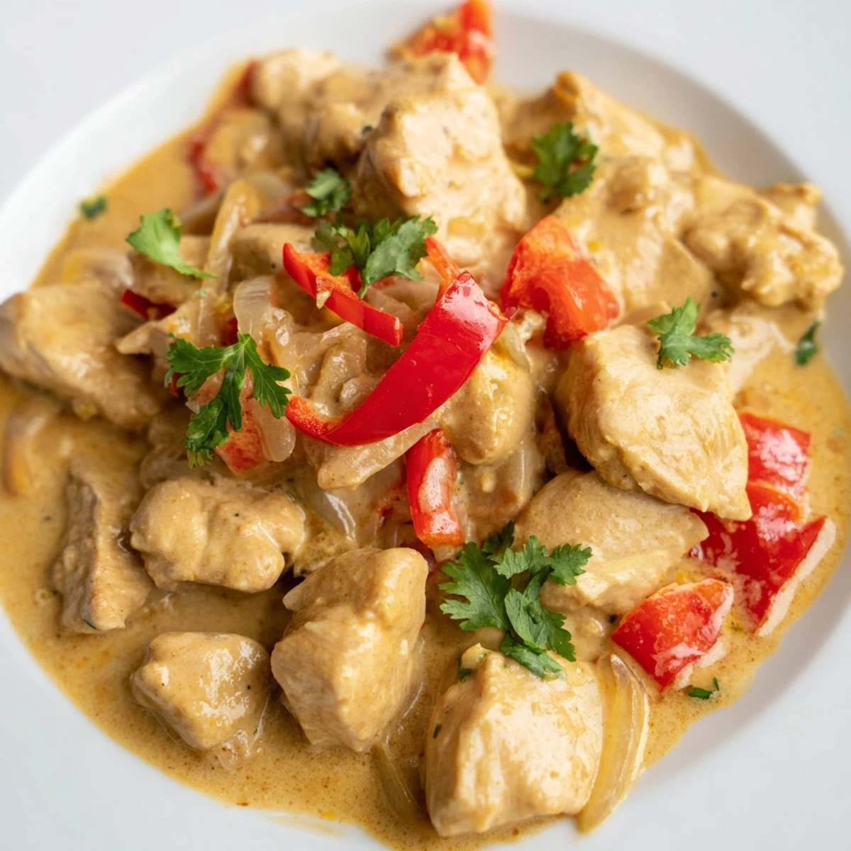 Vibrant spicy Brazilian coconut chicken served in a white bowl over fluffy white rice with lime wedge