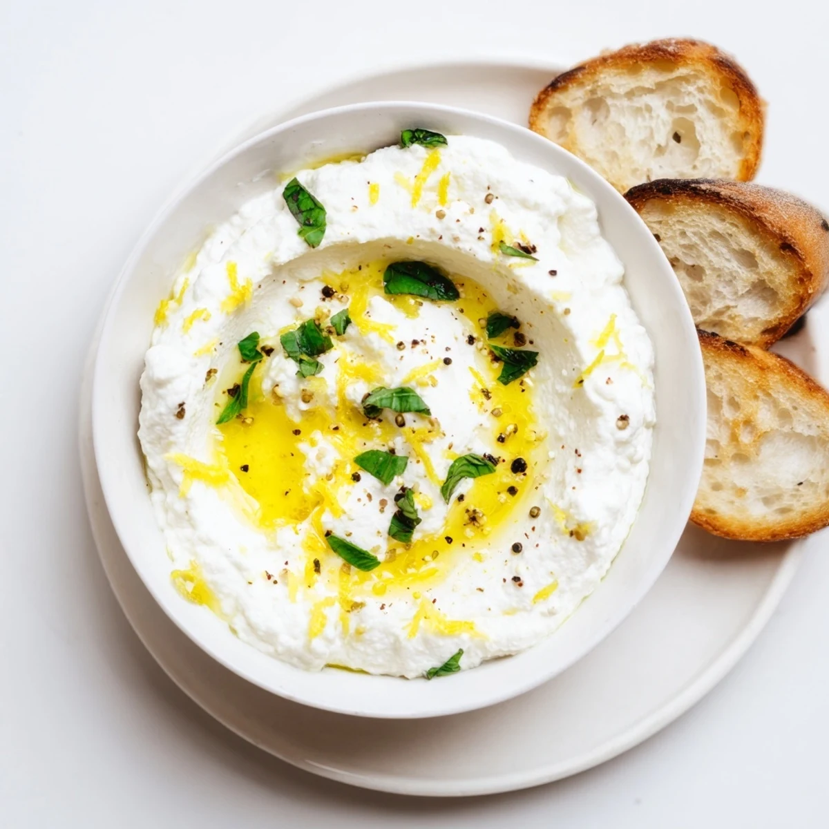Creamy whipped ricotta topped with fresh herbs, lemon zest, and golden olive oil drizzle