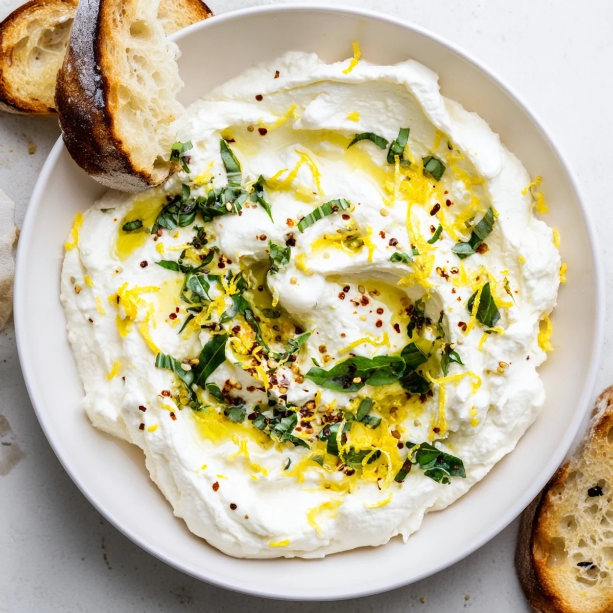 Fluffy whipped ricotta spread served on toasted bread with honey and red pepper flakes