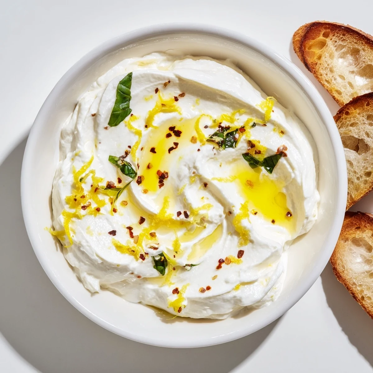 Light and airy whipped ricotta cheese bowl garnished with basil and extra virgin olive oil