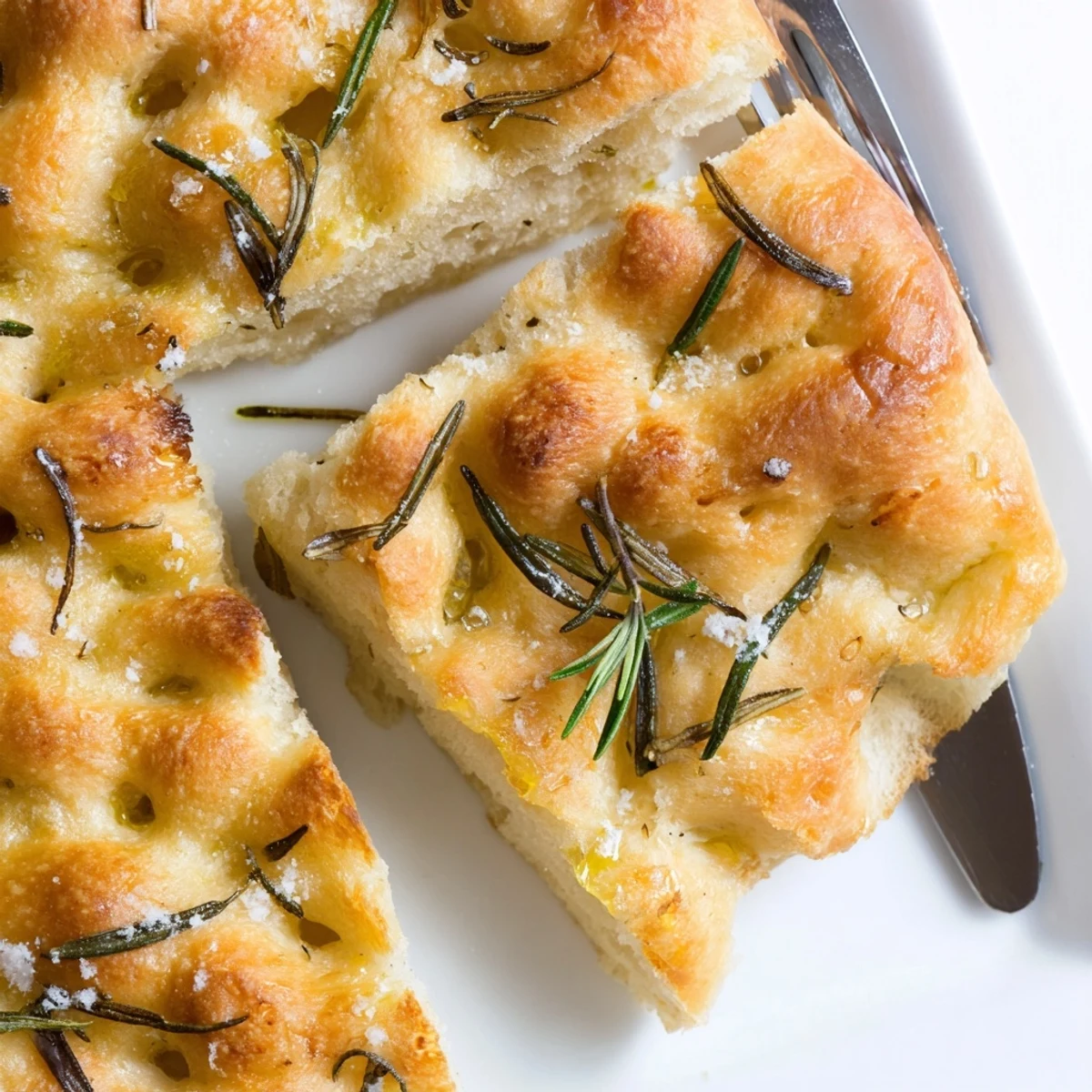 Golden homemade Italian focaccia topped with fresh rosemary and coarse sea salt