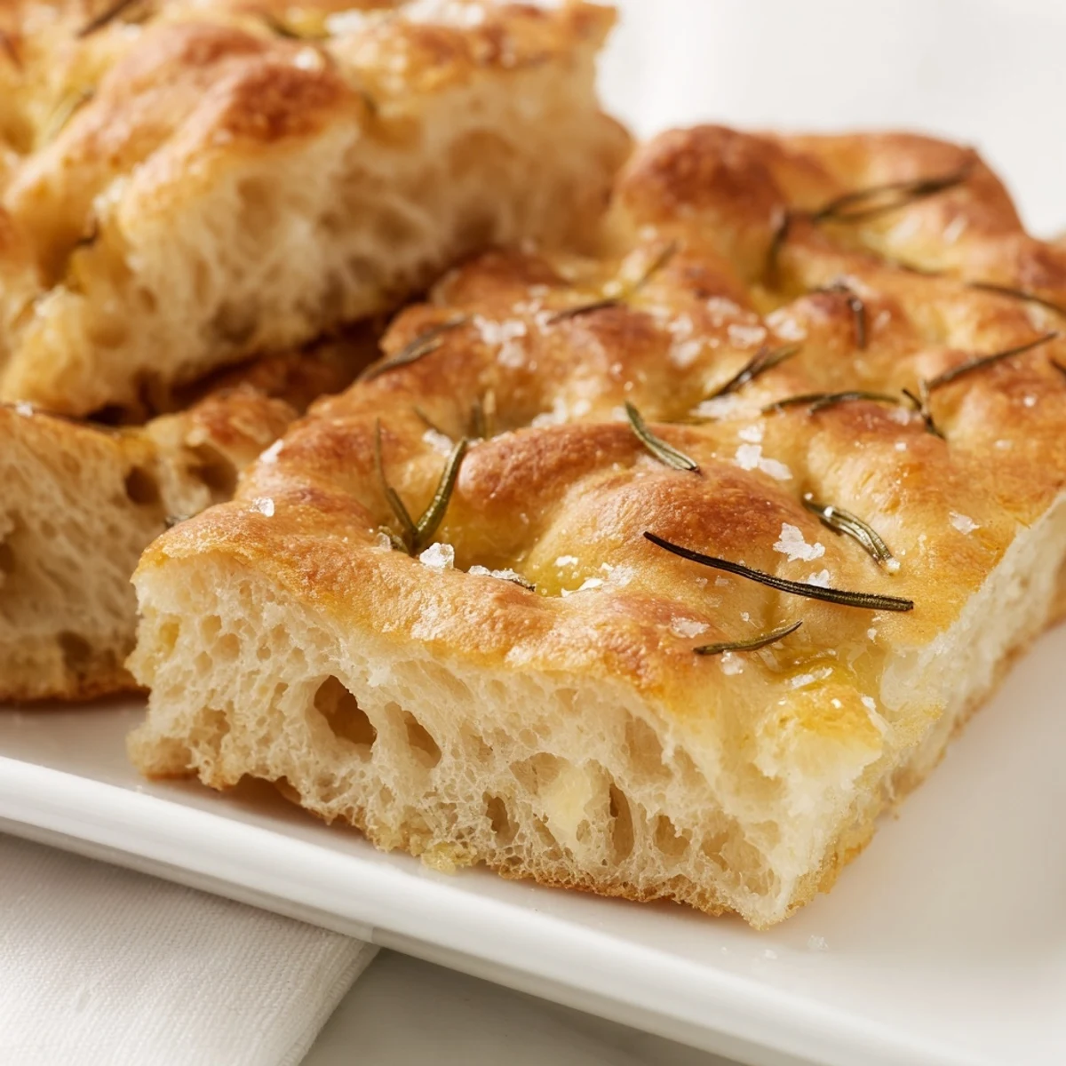 Rustic focaccia bread with dimpled surface drizzled with olive oil and herbs