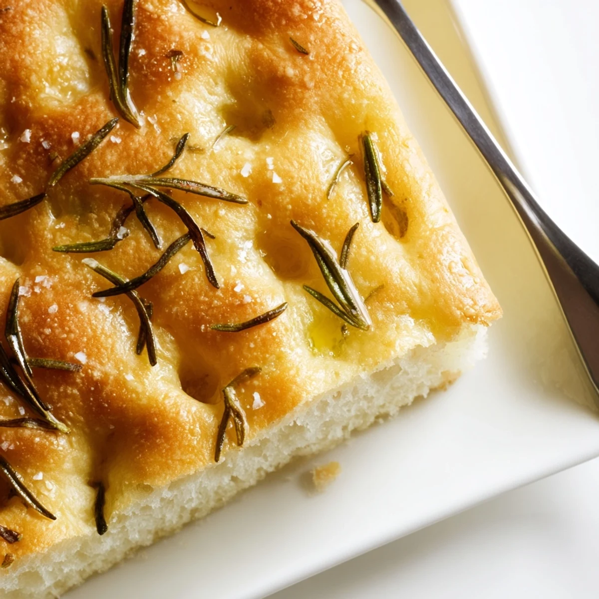 Crispy exterior focaccia flatbread sprinkled with rosemary and flaky salt crystals