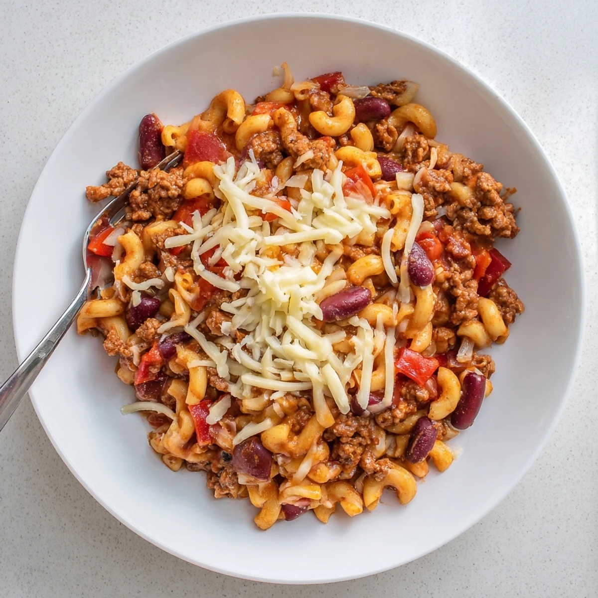 Bubbling chili mac and cheese with melted mozzarella topping and hearty beef bean pasta
