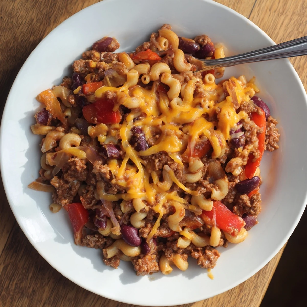 Creamy chili mac and cheese with tender elbow pasta and melted cheddar cheese topping