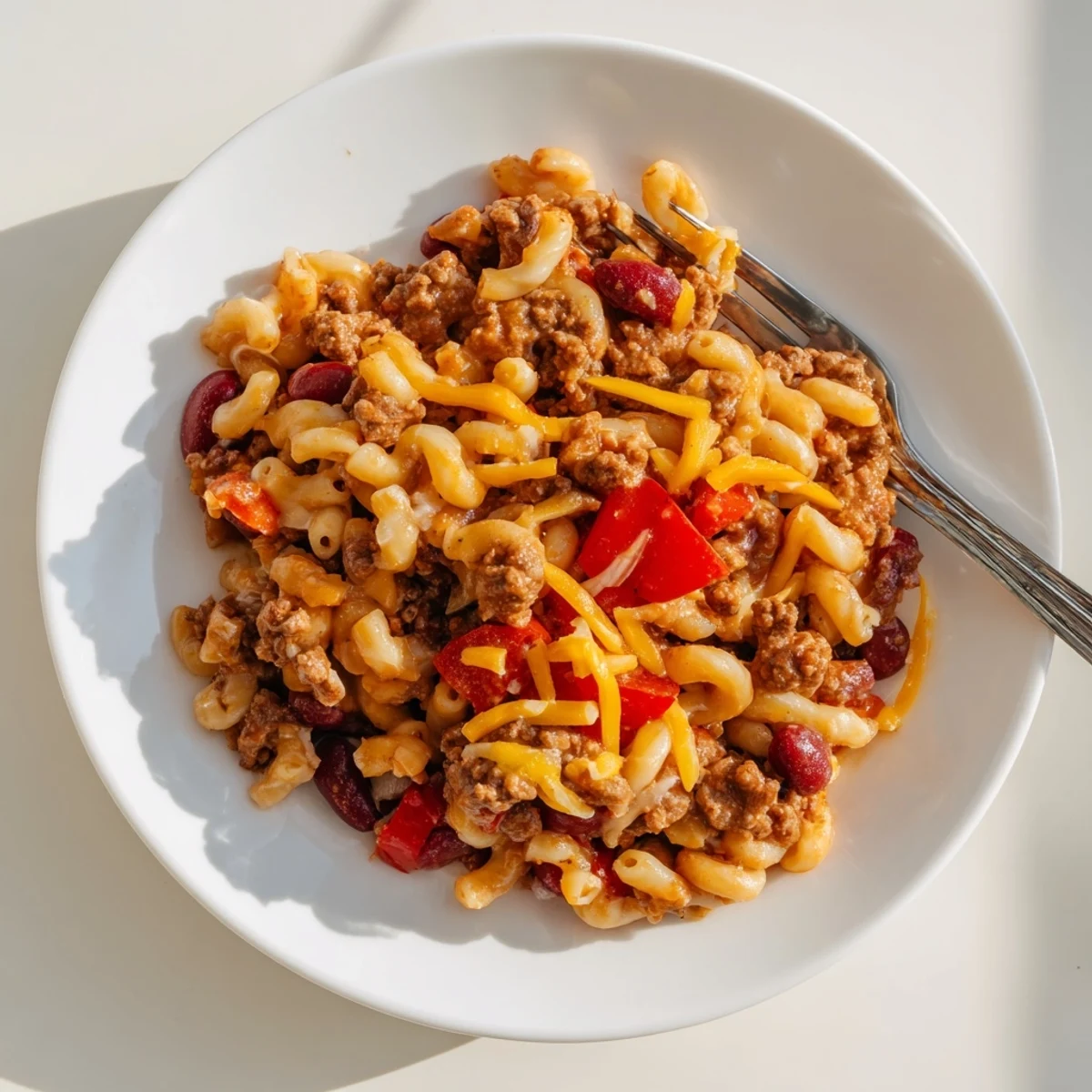 Golden baked chili mac and cheese casserole with savory ground beef and red pepper