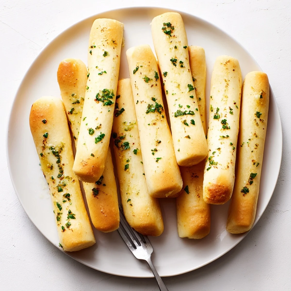 Golden homemade garlic breadsticks brushed with melted herb butter and parsley garnish