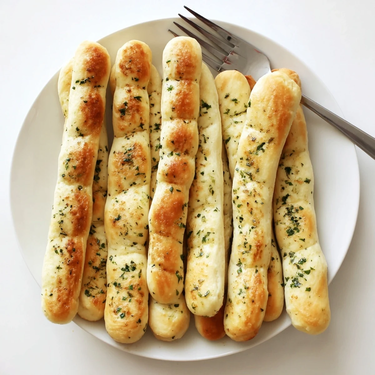 Fluffy baked breadsticks fresh from oven with buttery garlic glaze and herbs