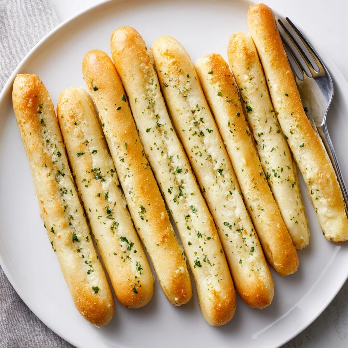 Soft warm Italian breadsticks coated in garlic butter served on white platter