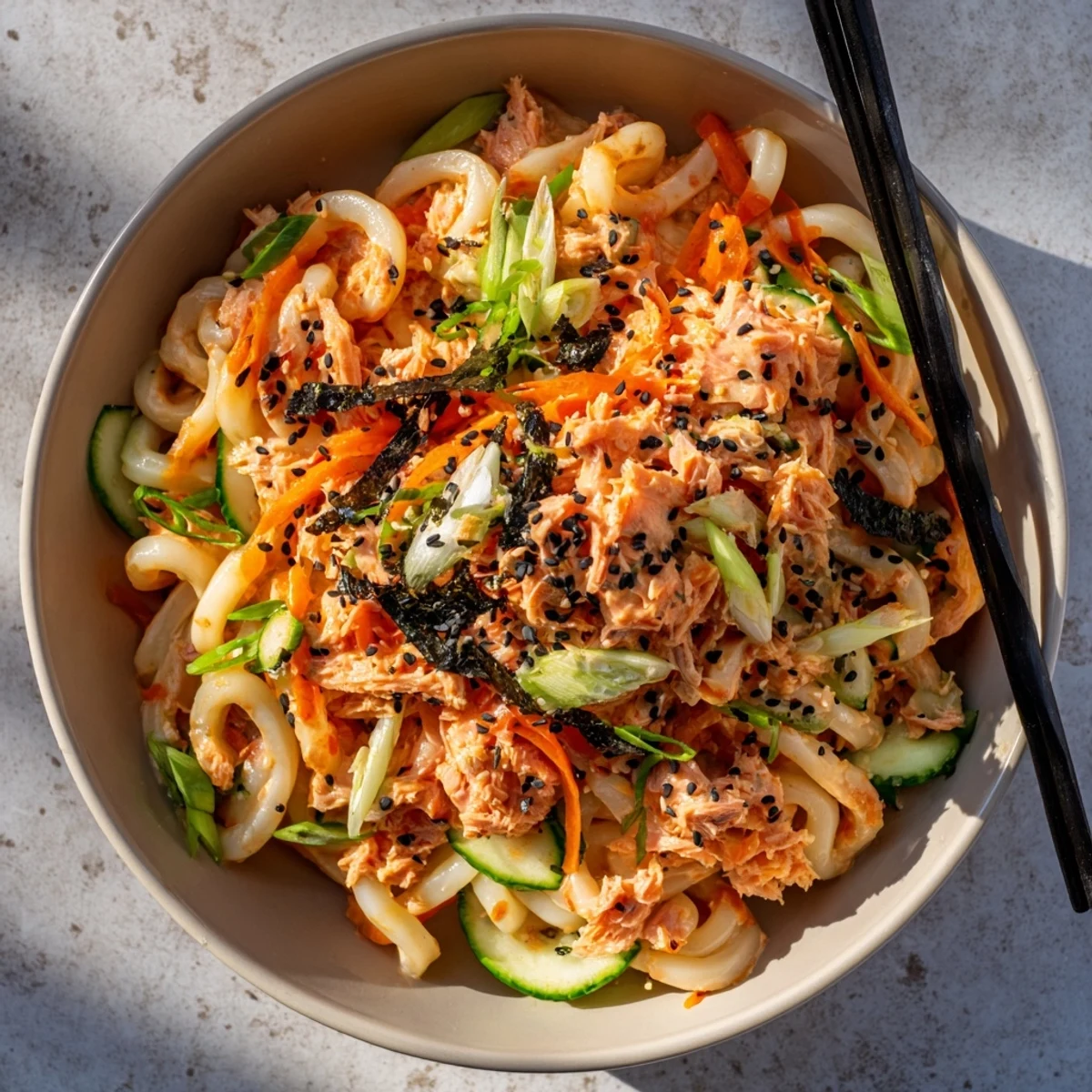 Thick udon noodles coated in spicy tuna sauce with fresh cucumber and carrot