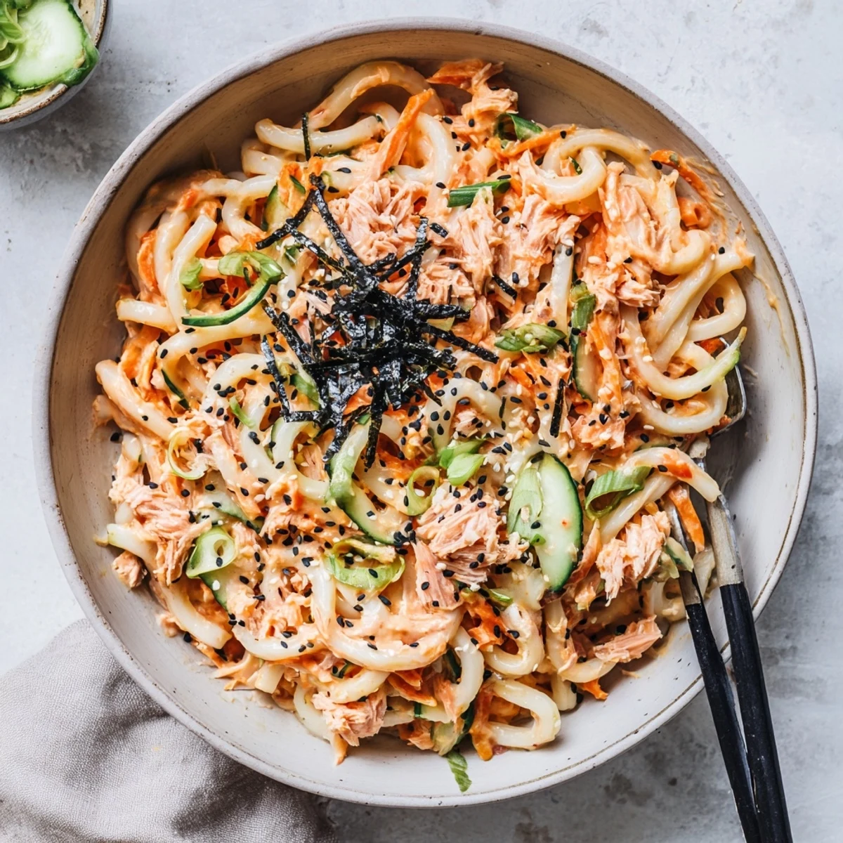 Japanese-style spicy tuna udon noodles with julienned vegetables and creamy Sriracha mayo