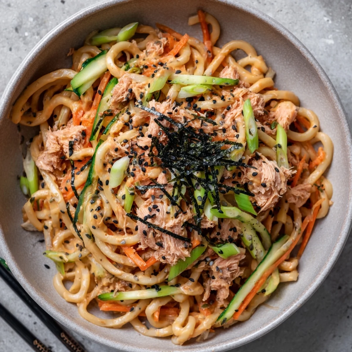 Bowl of Spicy Tuna Udon topped with sesame seeds nori and fresh chili